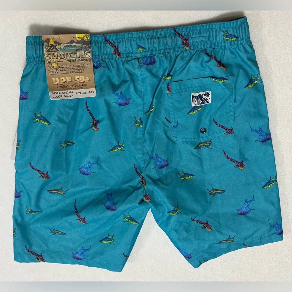 Boys XL-18/20 Teal Shark Print Swim Trunks With Swim Goggle By Zeroxposur - NWT